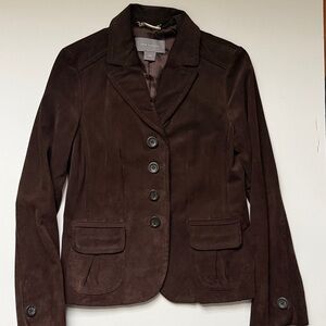 Ann Taylor Dark Brown Suede Jacket with lapels and pleated pockets US2